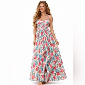 Floral Spaghetti-Strap Maxi Wedding Dress in Pink & Blue
